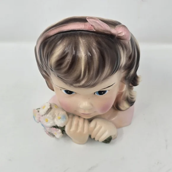 Vtg Enesco delsey girl head vase brown hair flowers 1960s ceramic - Picture 2 of 8
